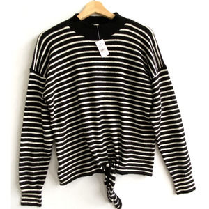 LOFT Soft Wool Blend Black & White Striped Tie Front Sweater Mockneck Size S NWT